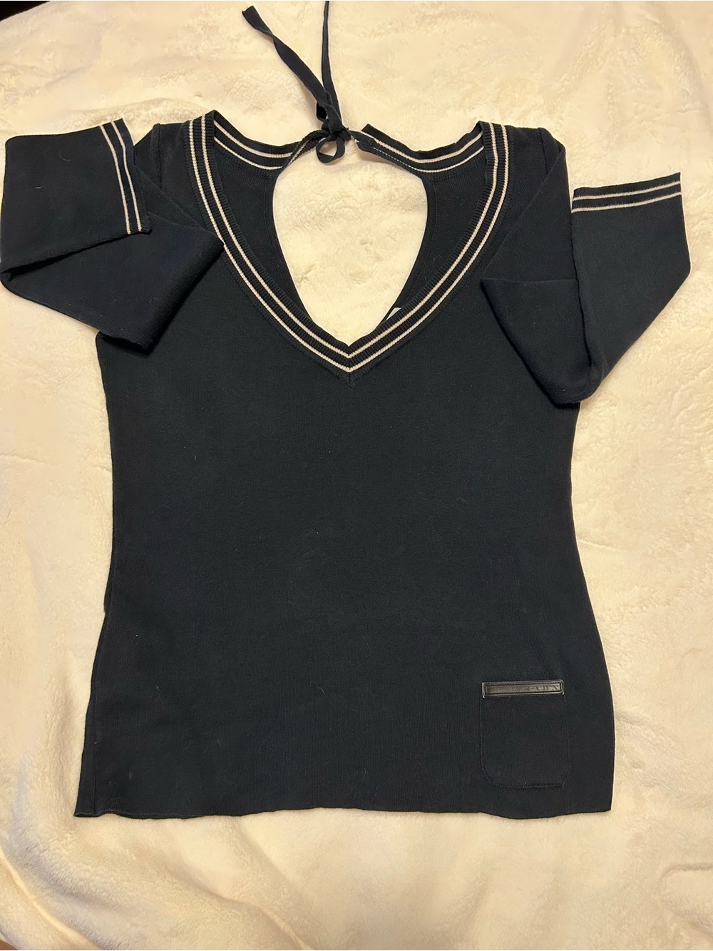 Prada Vintage V-Neck knit top Black with Cream Stripe and Red Logo Tag.